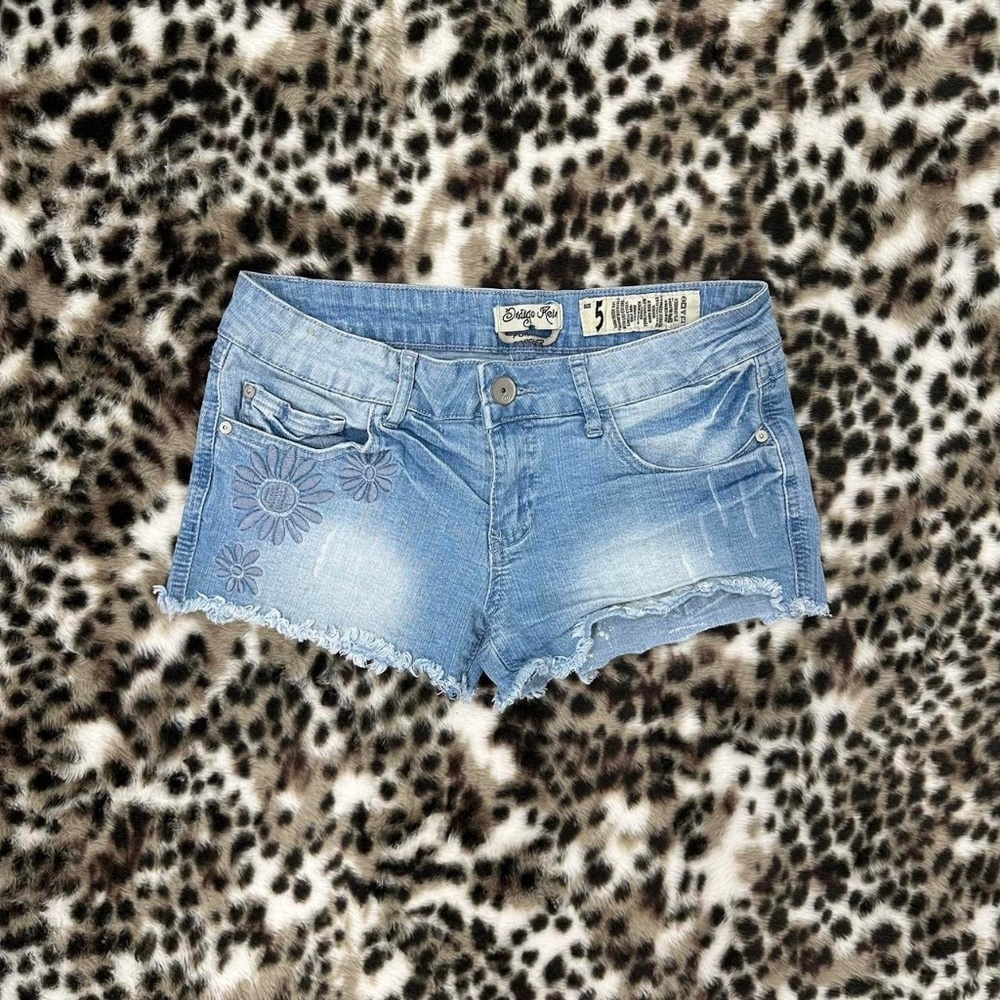 denim mini shorts with embroidered flower details